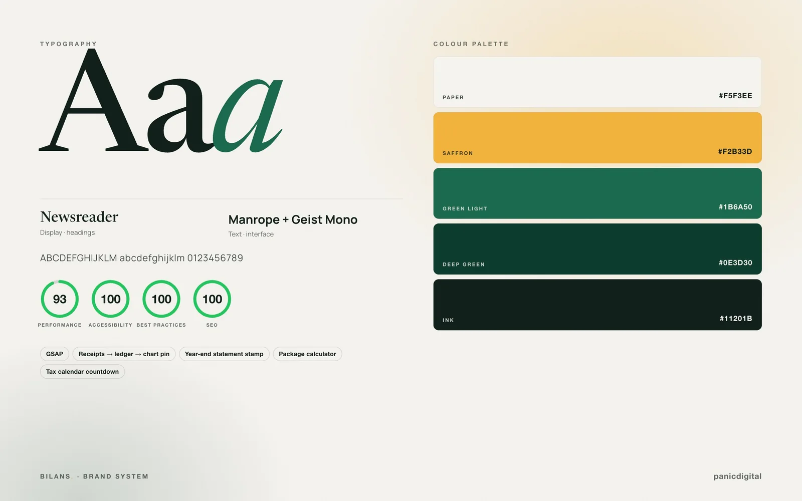 Bilans Accounting typography, colour palette and Lighthouse scores