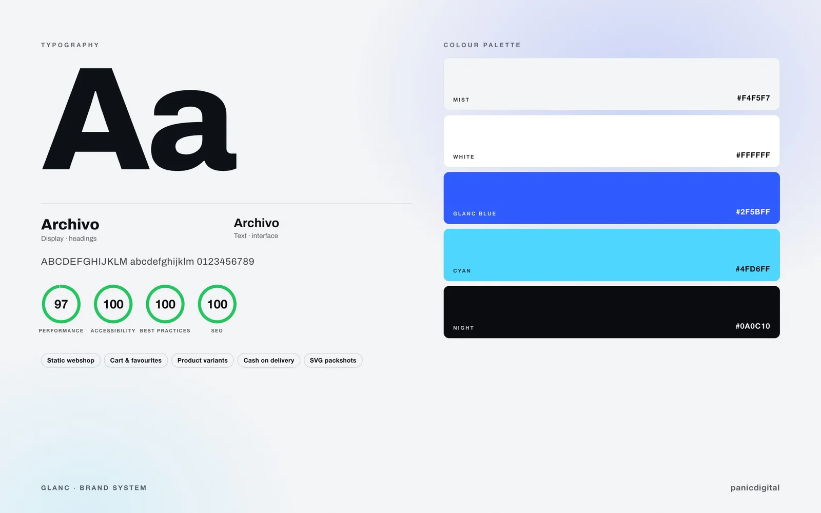 GLANC Car Care typography, colour palette and Lighthouse scores