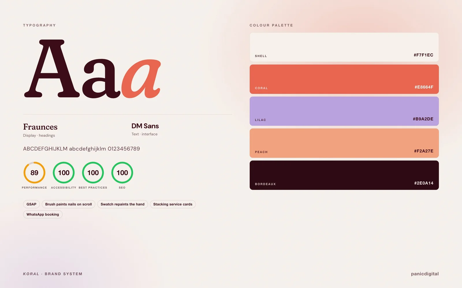 Koral Nail Studio typography, colour palette and Lighthouse scores