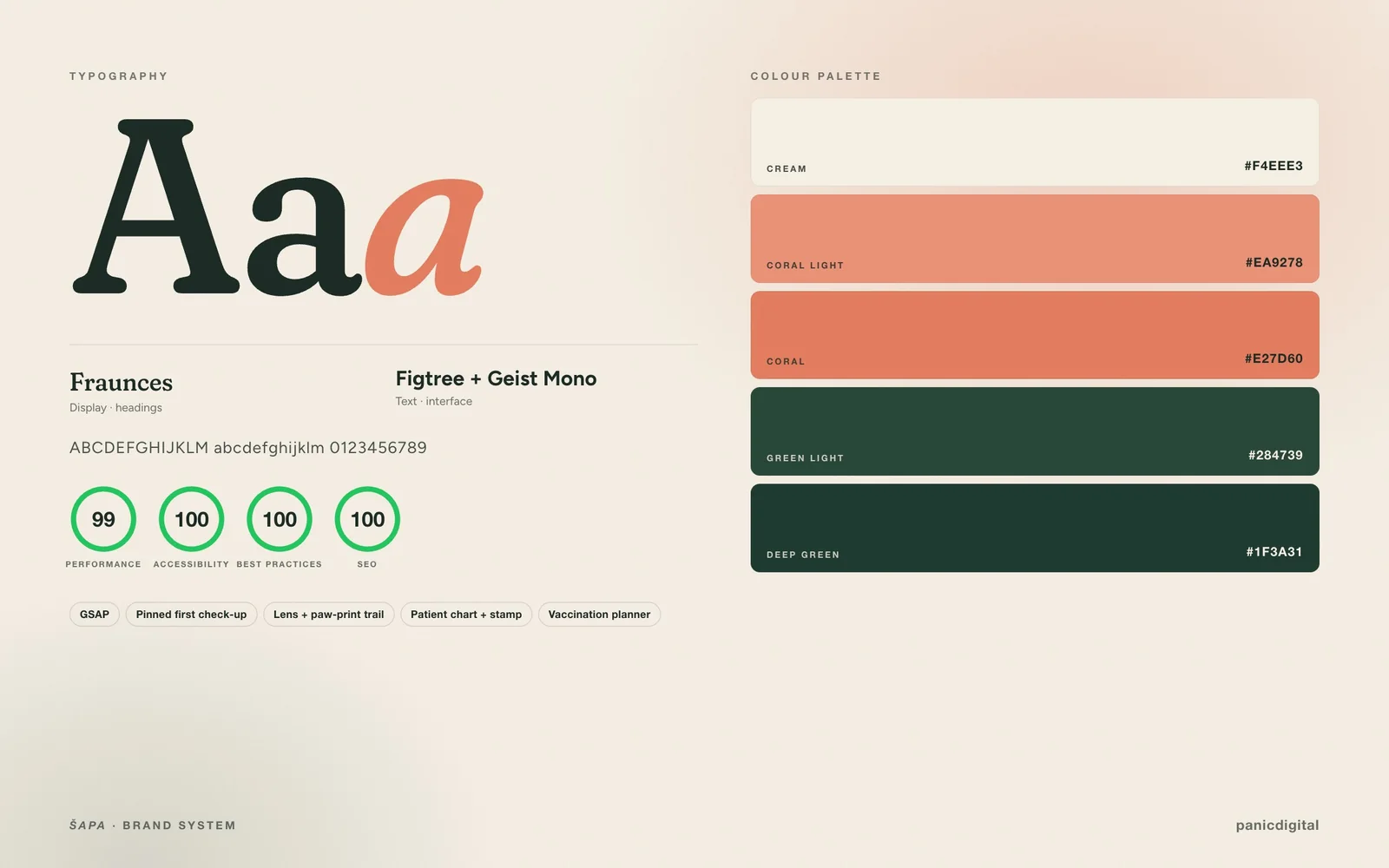Šapa Veterinary Clinic typography, colour palette and Lighthouse scores