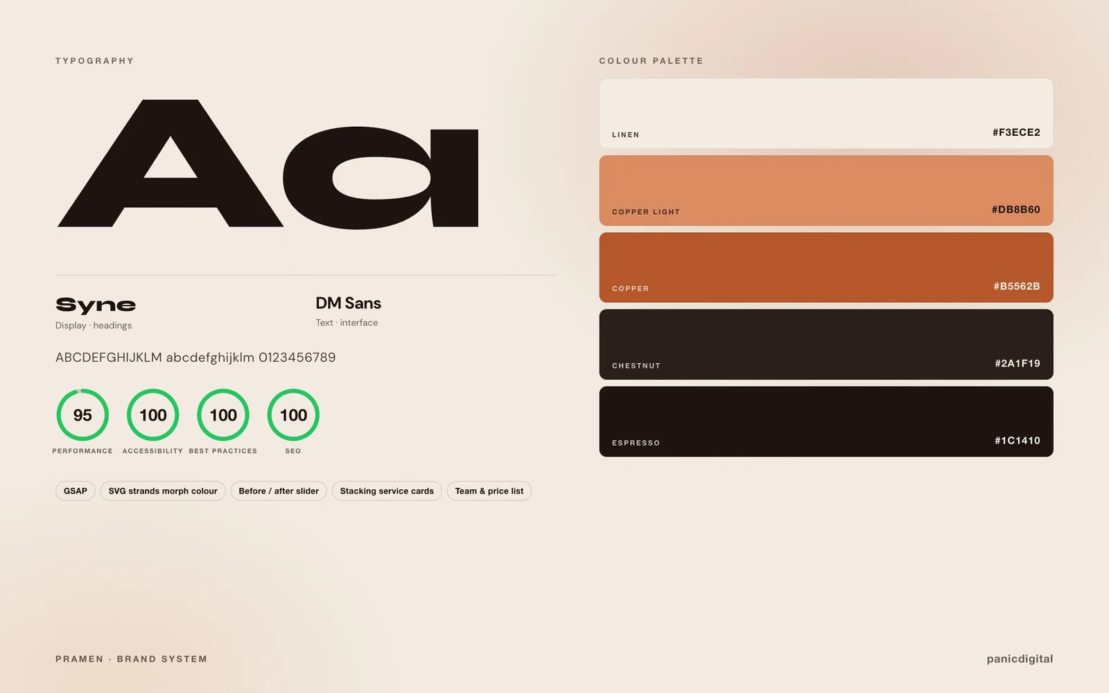 Studio Pramen typography, colour palette and Lighthouse scores