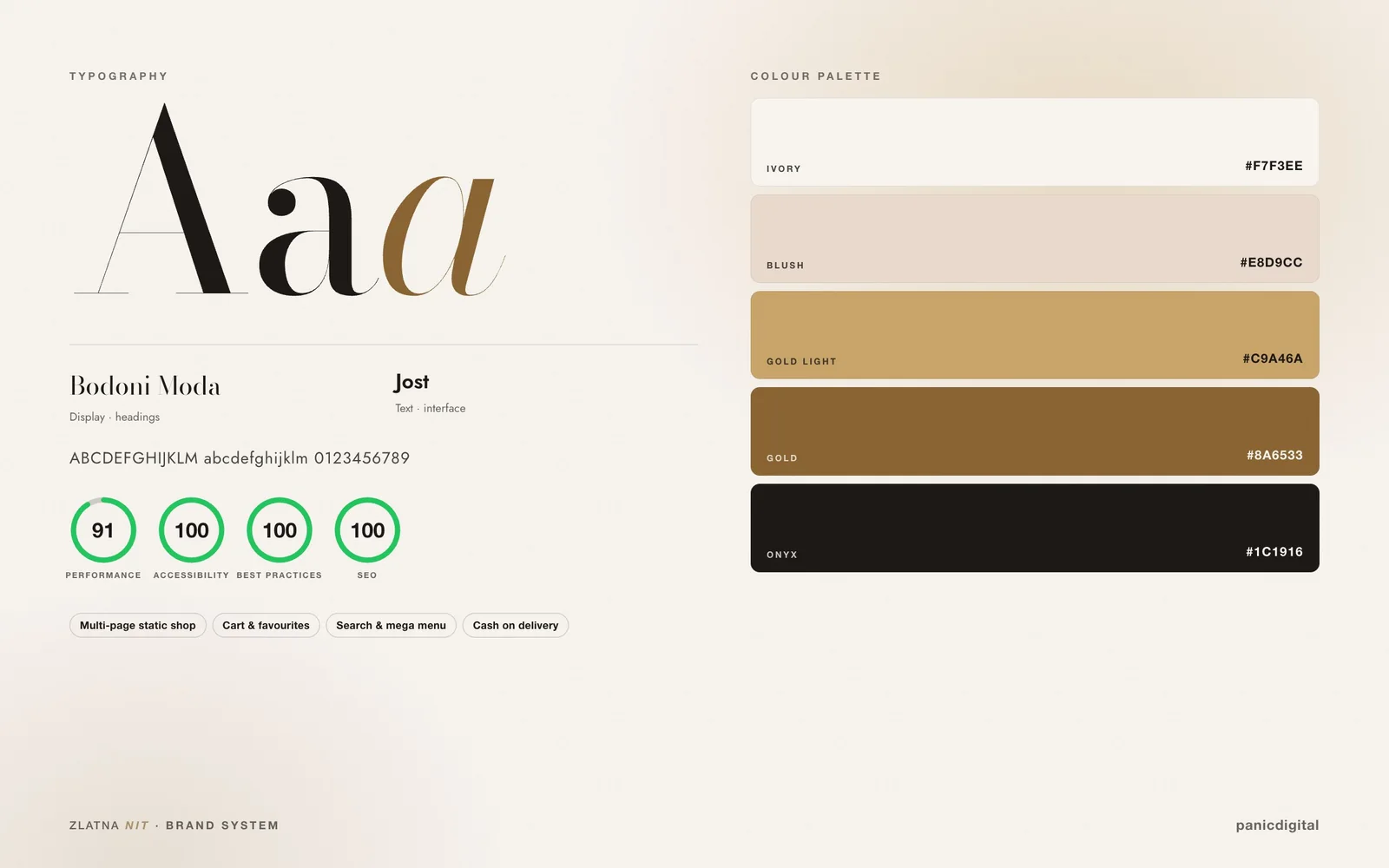 Zlatna nit Jewellery typography, colour palette and Lighthouse scores